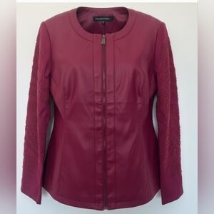 Colleen Lopez Women's Burgundy Zip-Front Faux Leather Jacket Sz Small New